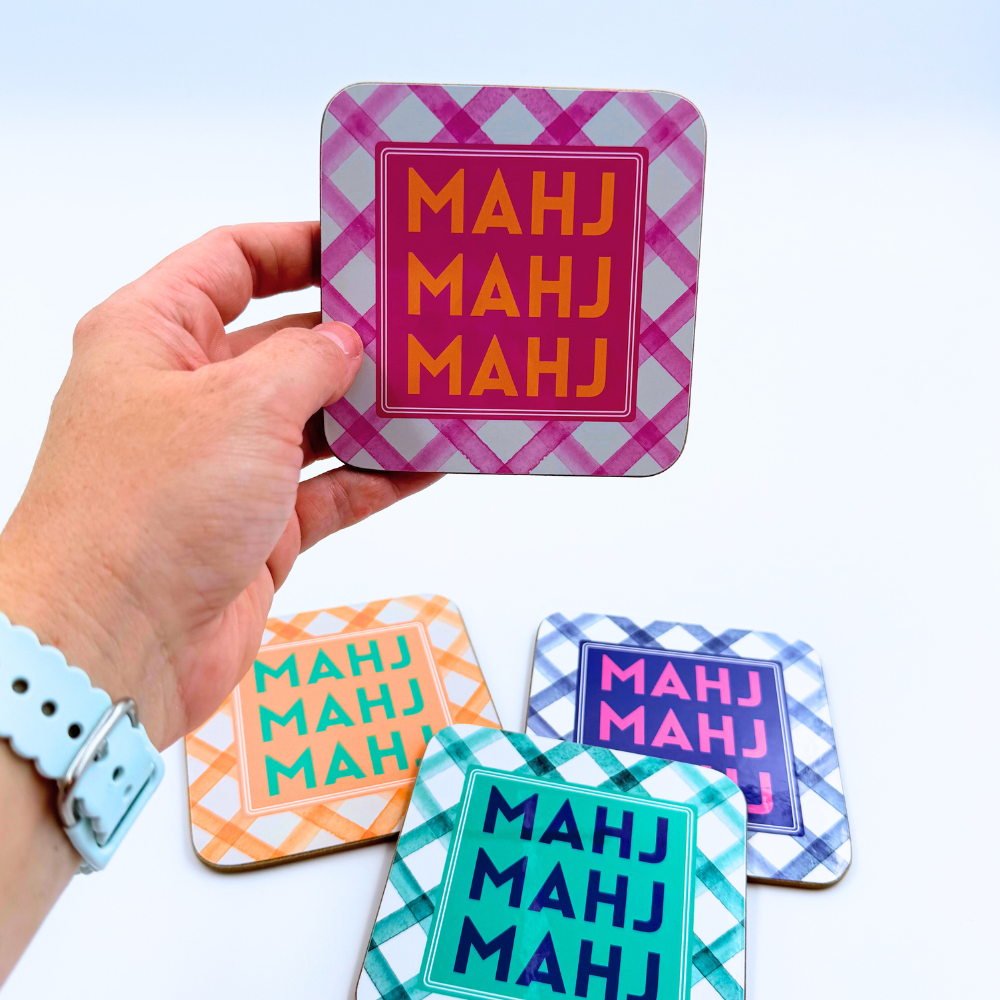 Mahjong Coasters, 4 Set  | Gift or Prize | Green, Pink, Blue, Orange