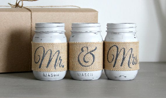 Wedding Table Decor Painted Mason Jars Mr and Mrs