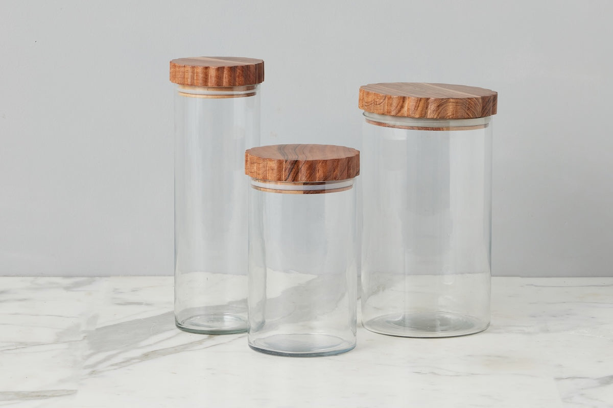Glass Canister, Scalloped Wood Top, Set of 3