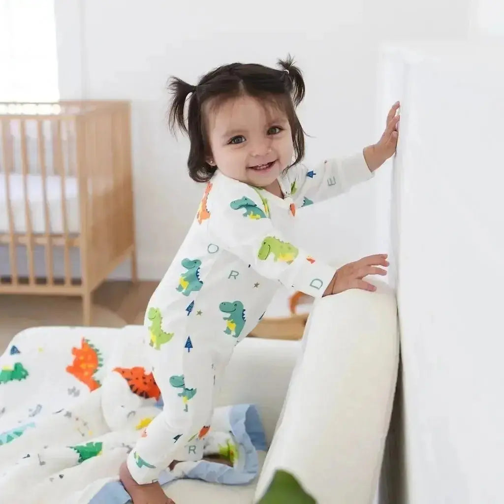 Dino Dreams Zipped Onesie (0–12 Months) – 100% Cotton Muslin Baby Sleepwear