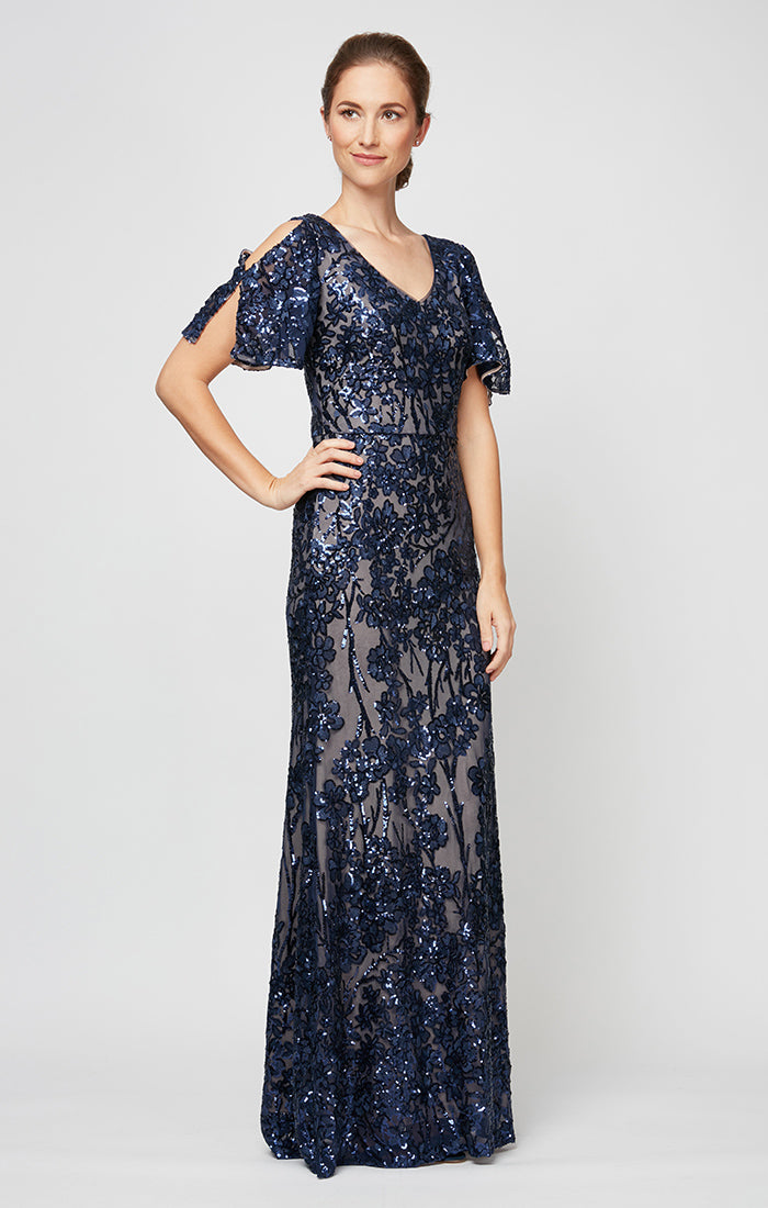 Caroline Flutter Sleeve Sequin Gown