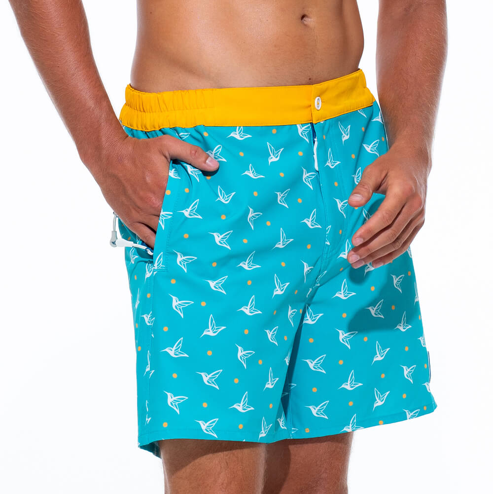 Mens Luxury Swim Trunks | Kolibri Monogram in Aquamarine