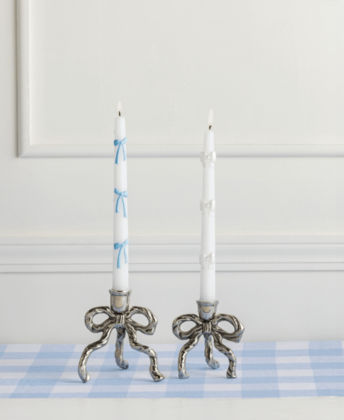Blue Bow Taper Candle Set
