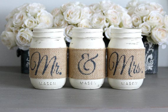 Wedding Table Decor Painted Mason Jars Mr and Mrs