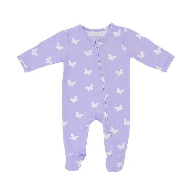 Lilac Flutter Zipped Onesie (0–12 Months) – 100% Cotton Muslin Baby Sleepwear