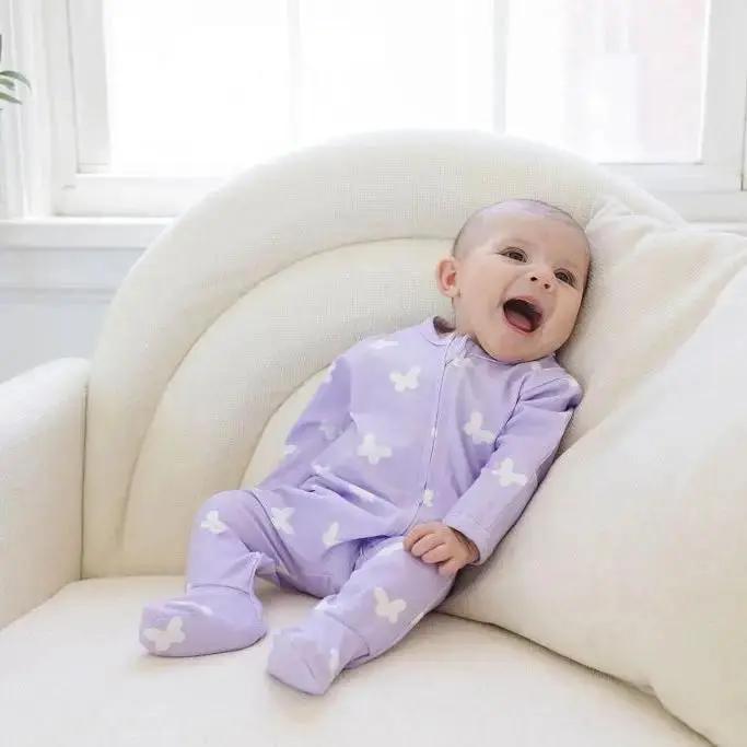 Lilac Flutter Zipped Onesie (0–12 Months) – 100% Cotton Muslin Baby Sleepwear