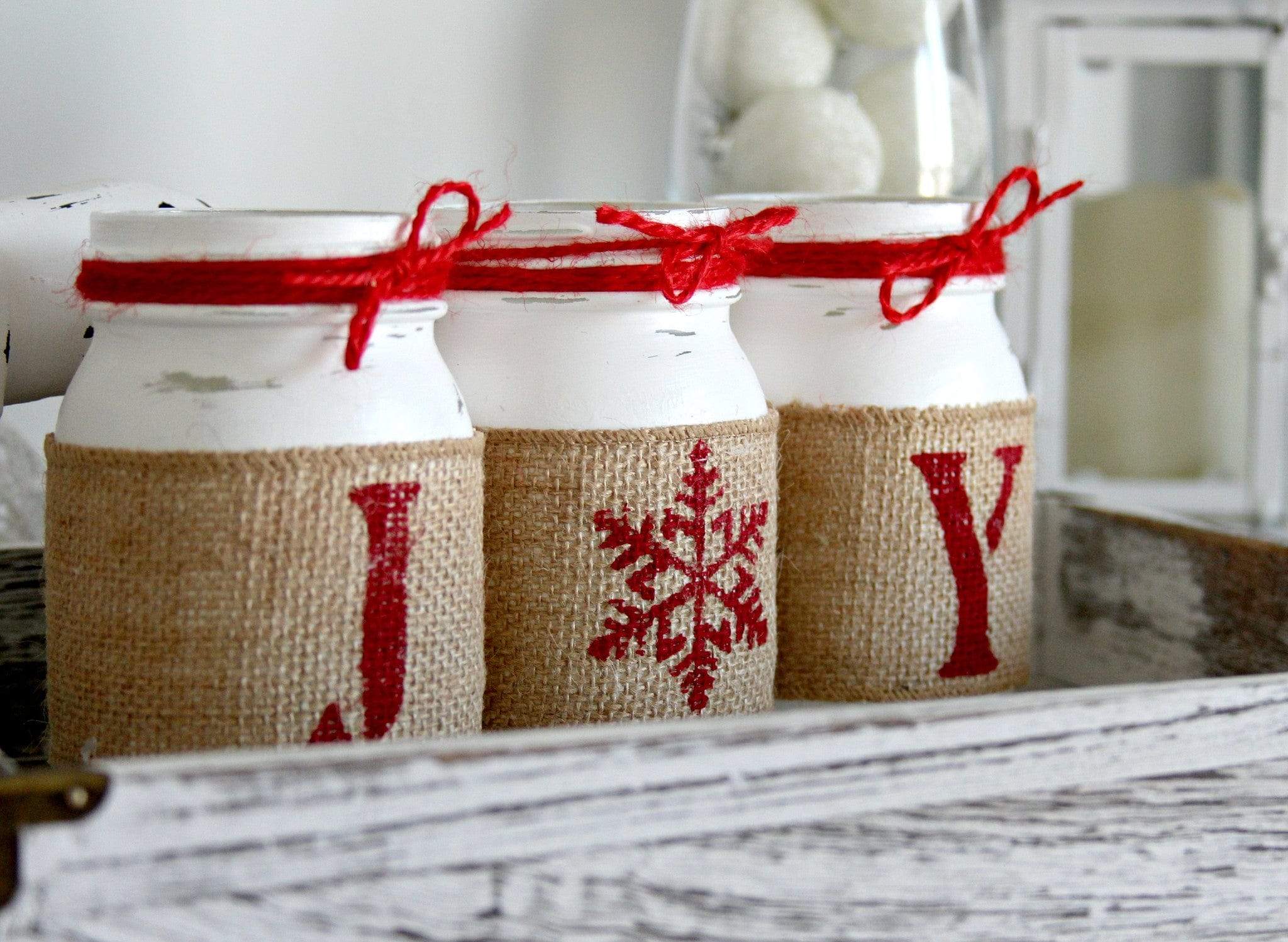Rustic Farmhouse White & Red Christmas Decor - JOY Table Centerpiece