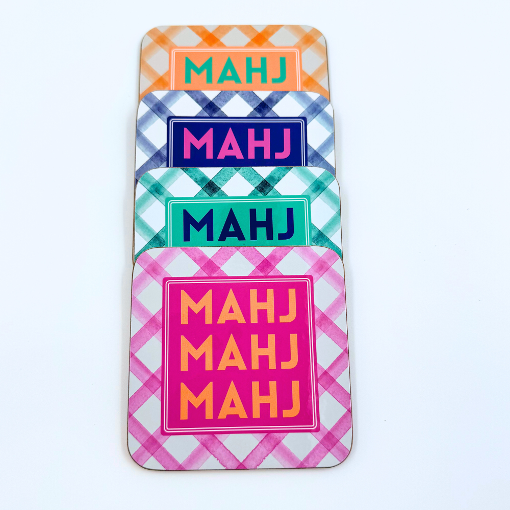 Mahjong Coasters, 4 Set  | Gift or Prize | Green, Pink, Blue, Orange