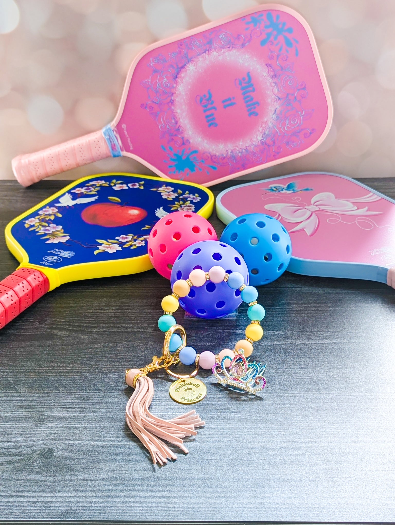 Pickleball Princess Beaded Keychain Bracelet
