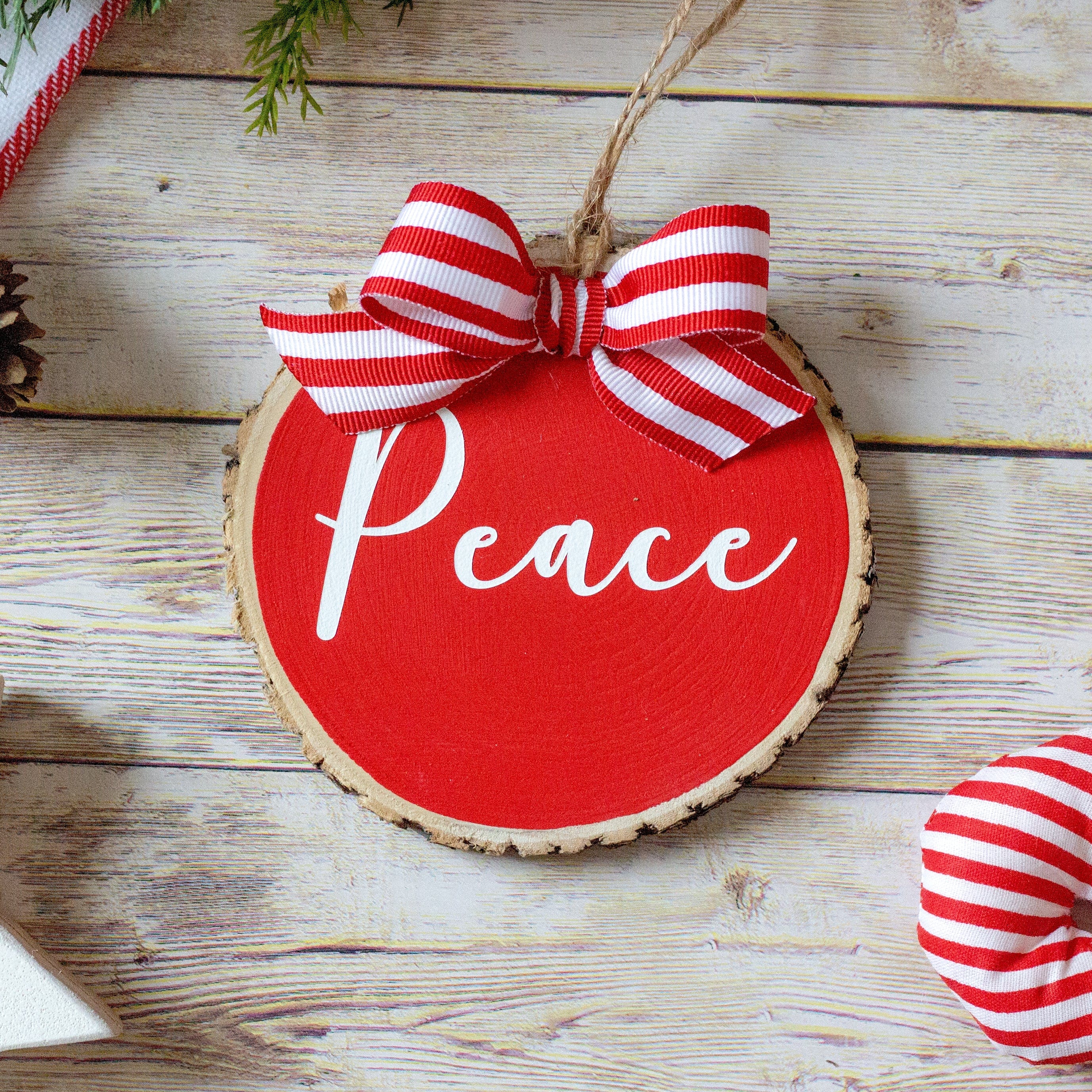 Christmas Ornaments Set Peace Joy Merry | Red White Wood Slices  - Set of 3