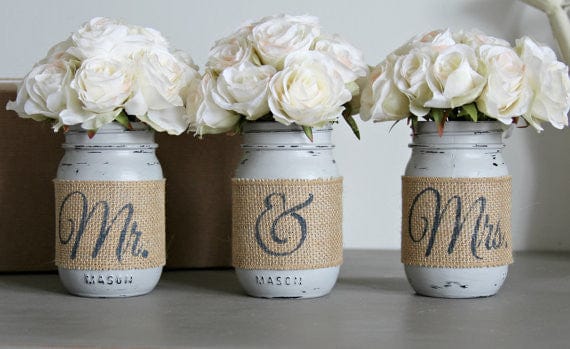 Wedding Table Decor Painted Mason Jars Mr and Mrs