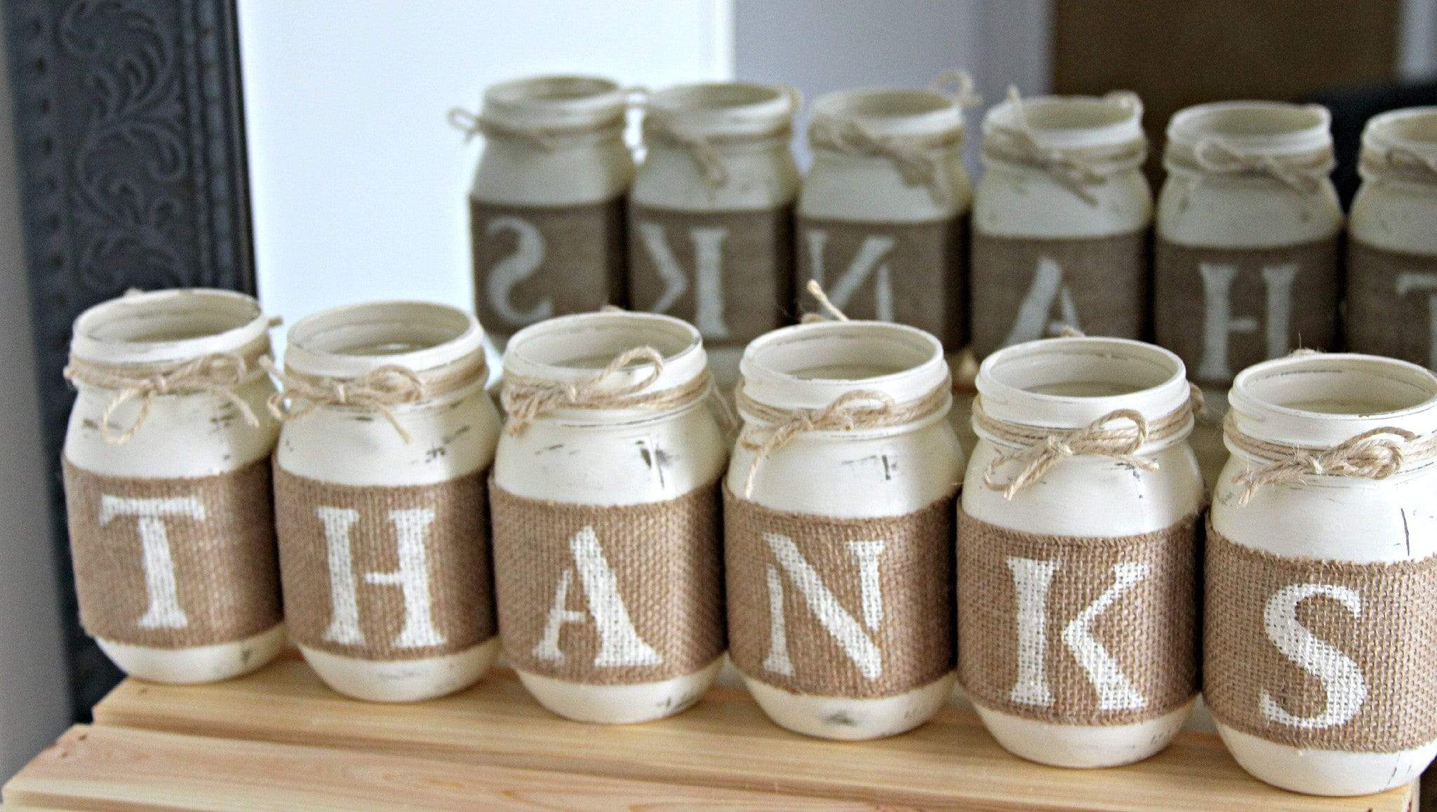 Thanksgiving Decor Table Centerpiece Painted Mason Jars THANKS