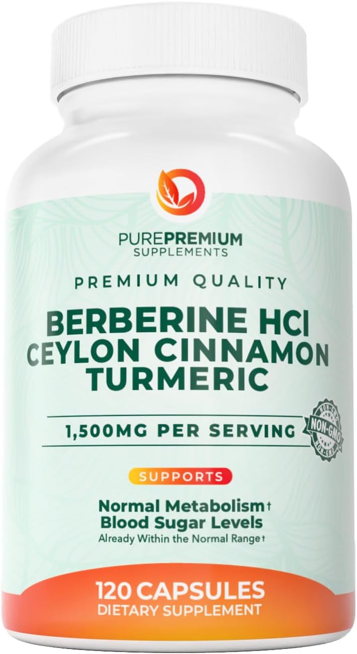PurePremium Berberine with Ceylon Cinnamon Complex - 1500mg HCl, Cinnamon & Turmeric Supplement Supp