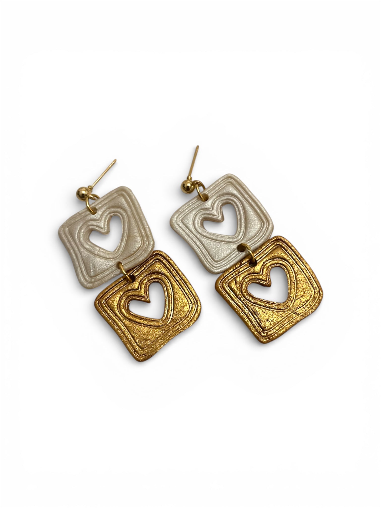 Gold & White Hearts dangling earrings