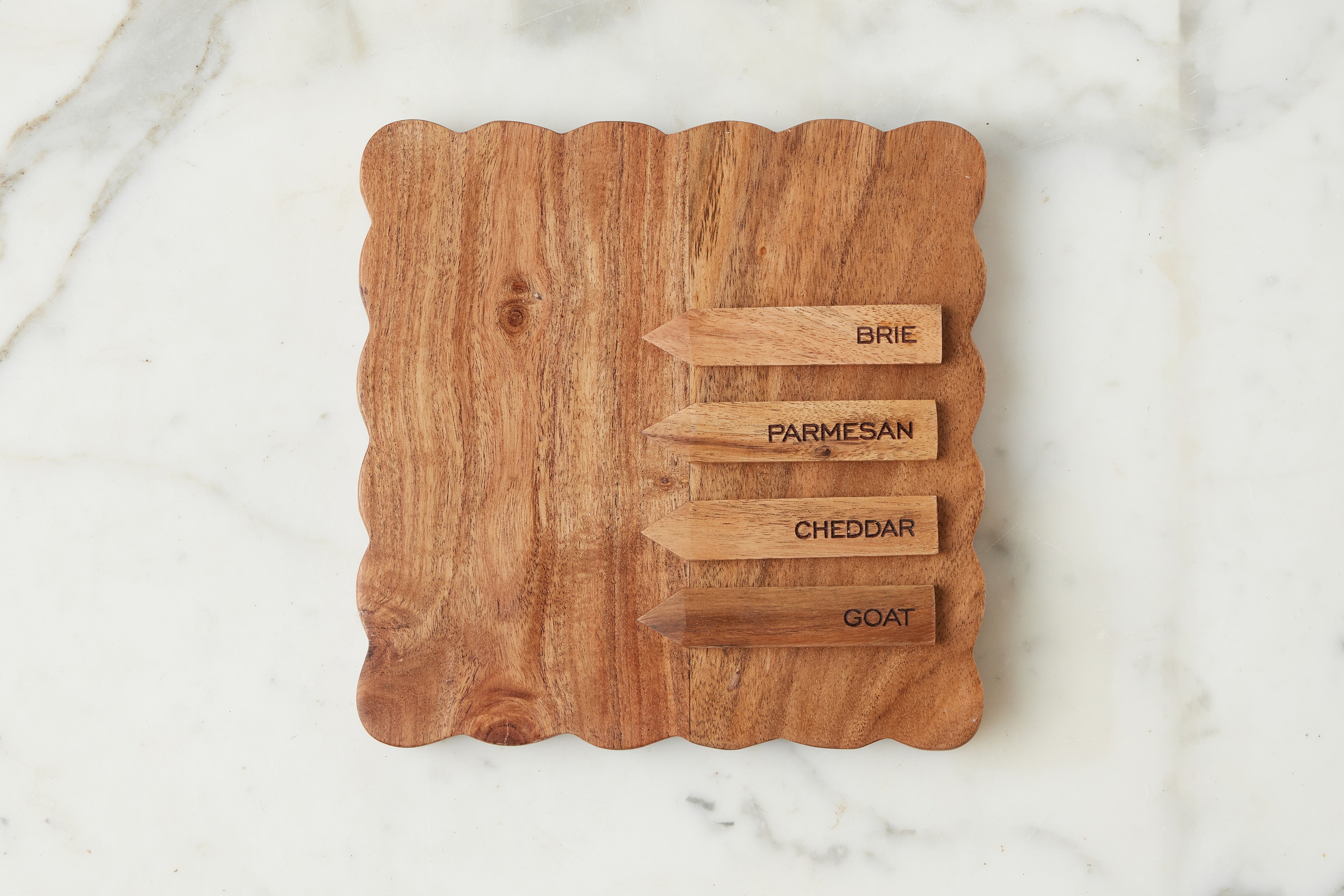Square Scalloped Cheese Board with Cheese Markers, Small, Natural