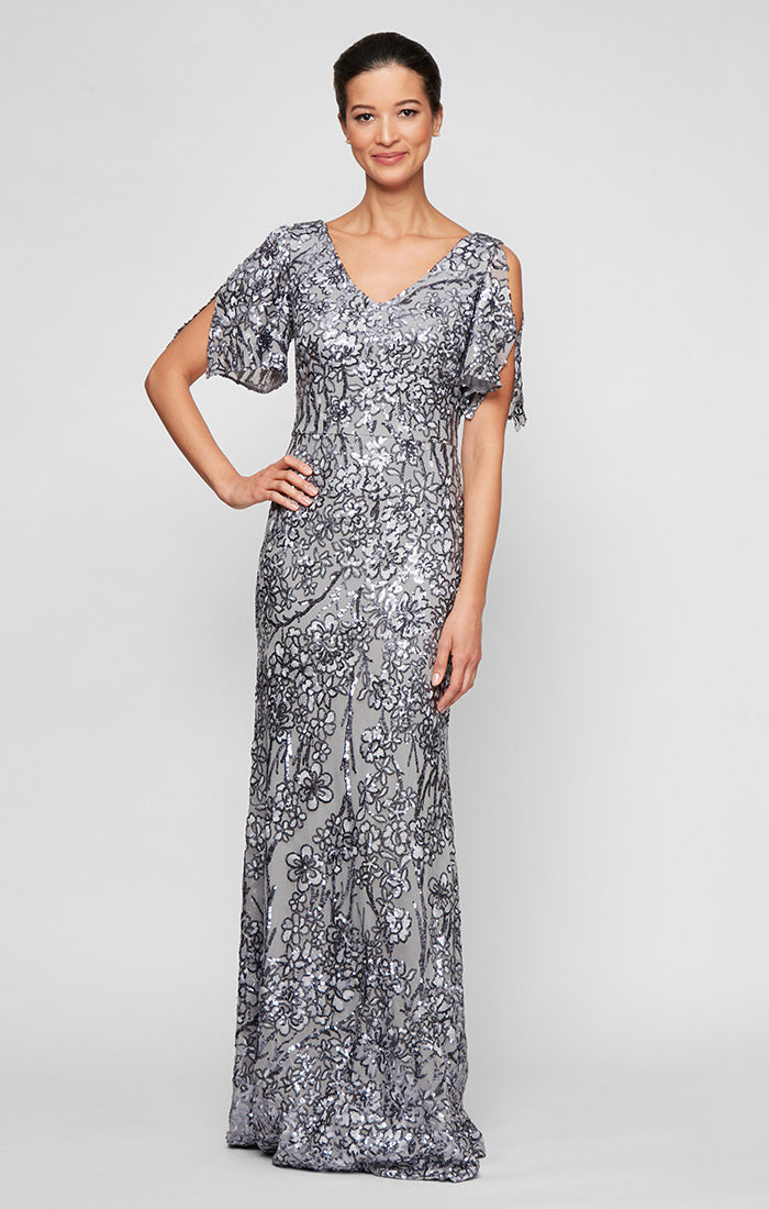 Caroline Flutter Sleeve Sequin Gown