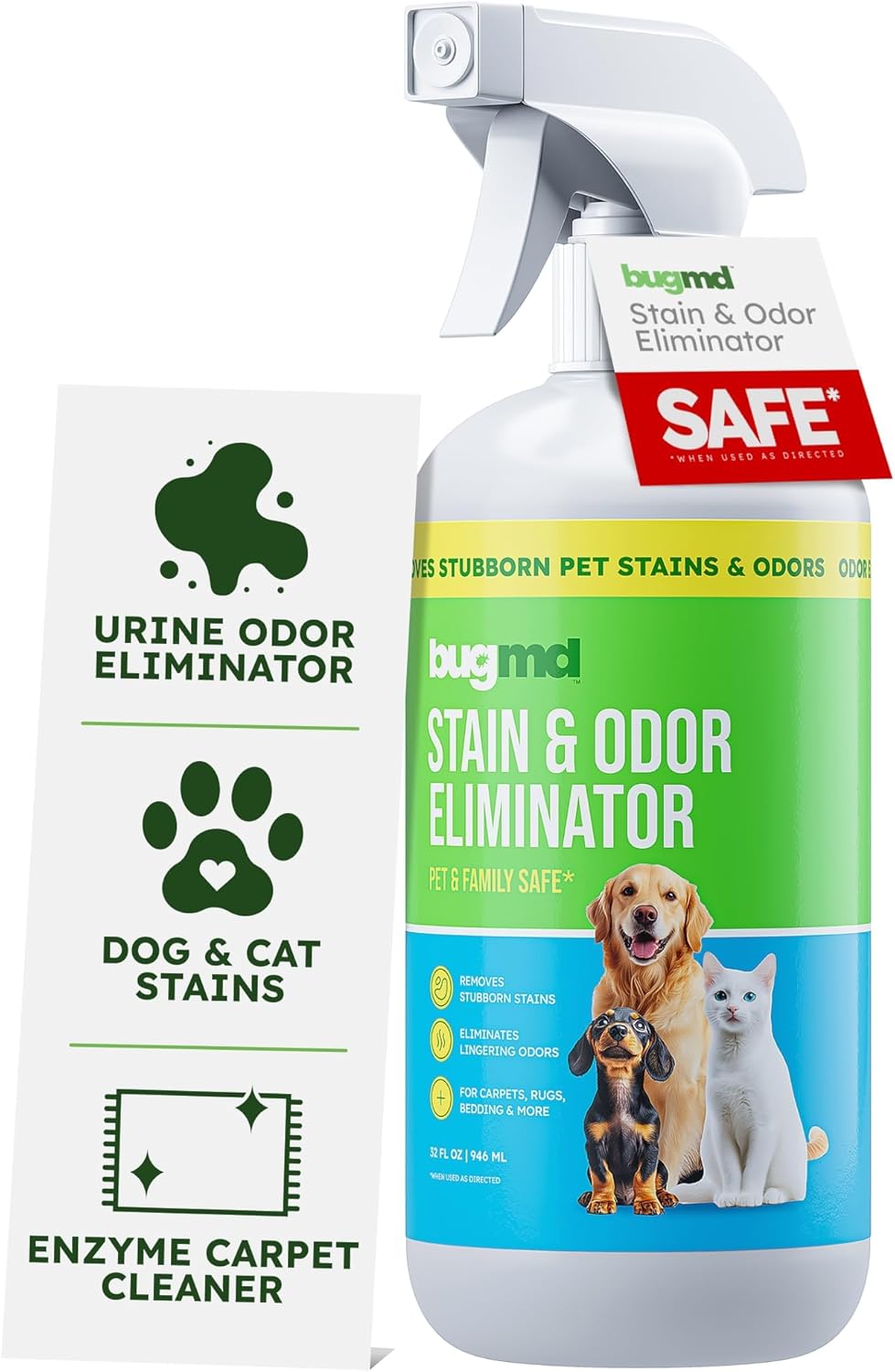 BugMD Enzyme Cleaner for Dog and Cat Urine, Pet Stain and Odor Remover for Carpet & Home