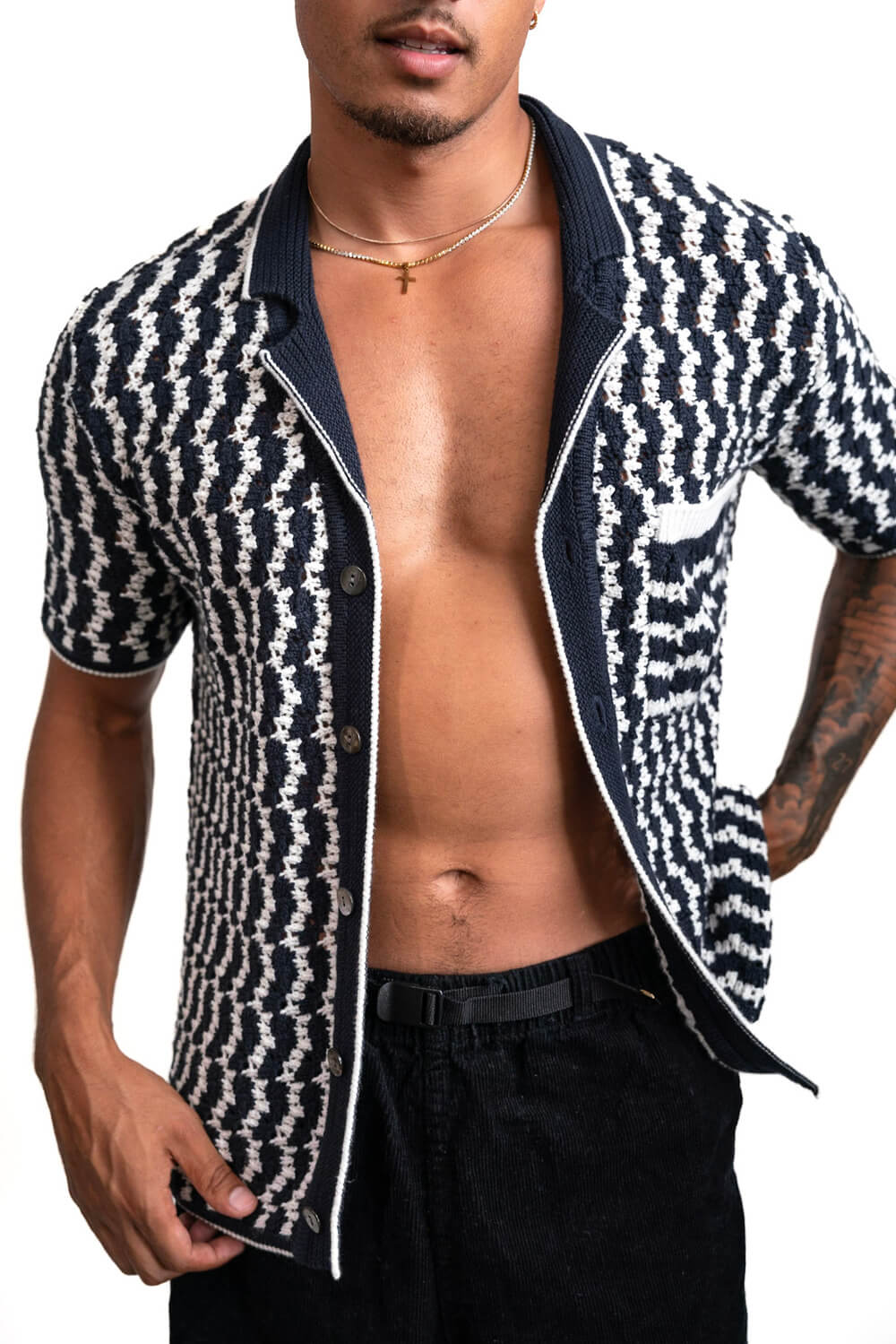Crochet Button-Up Shirt | Organic Cashmere Cotton Blend | Navy & White