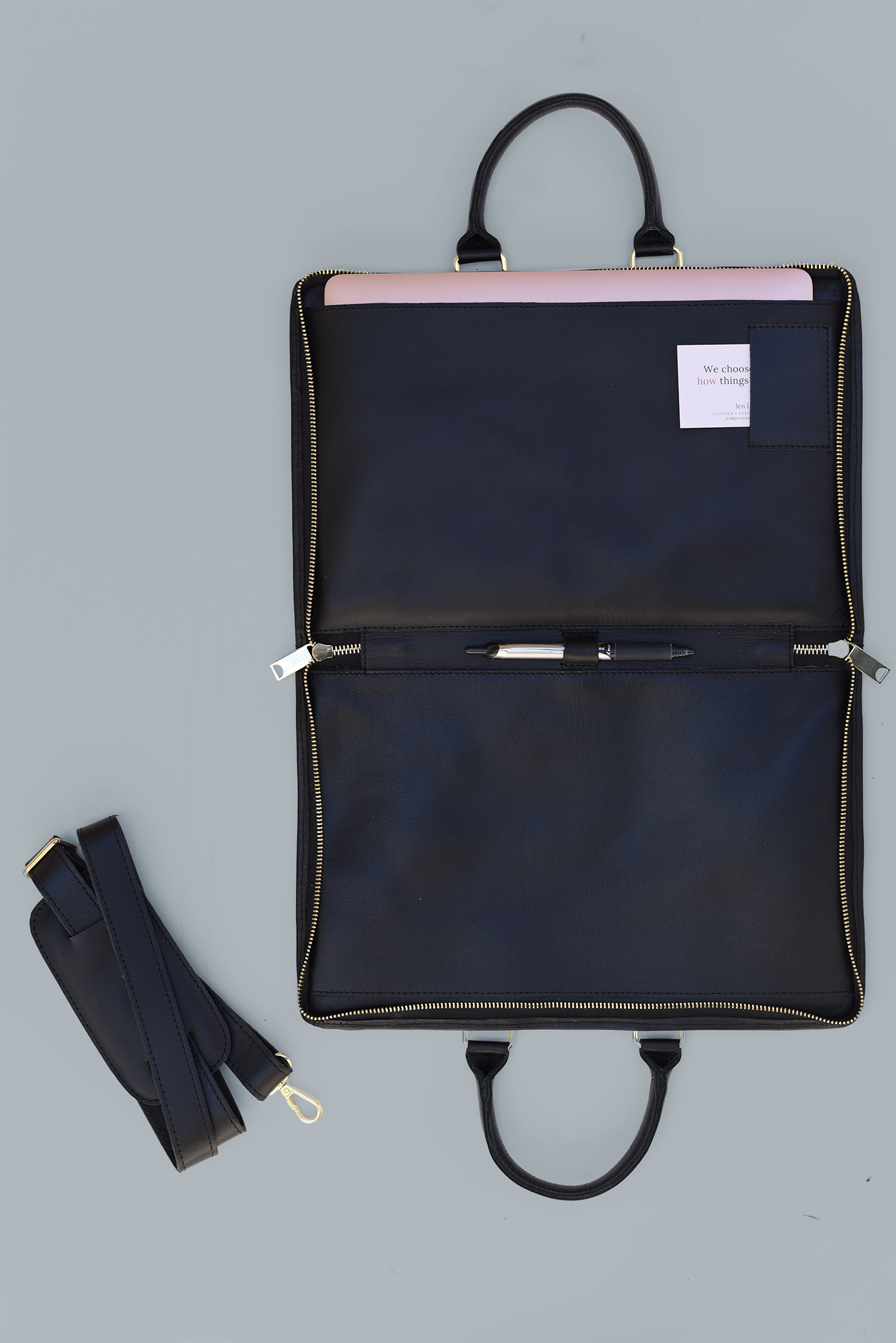 Leather Laptop Portfolio | Black Leather | Removable Strap
