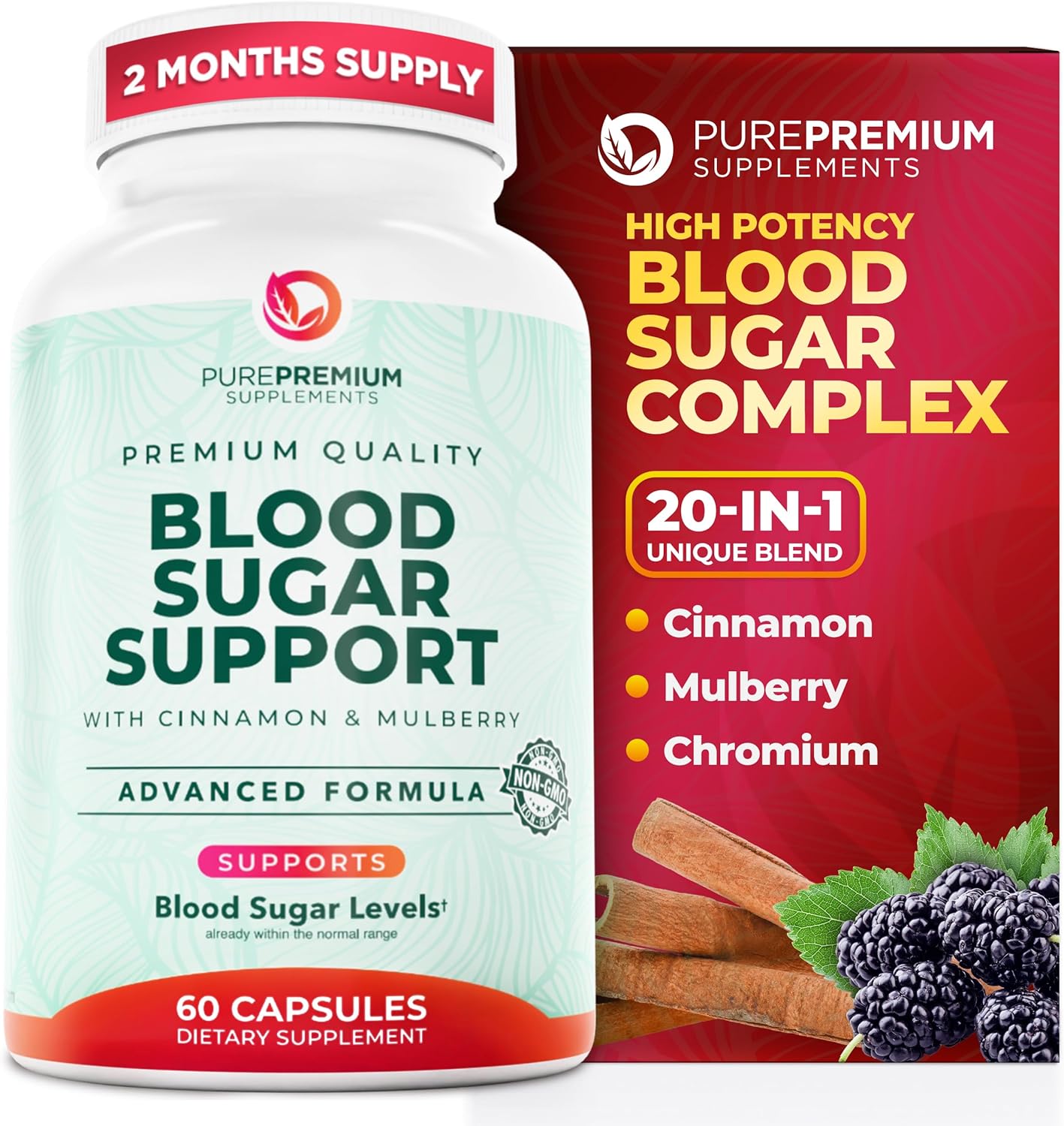 PurePremium Normal Blood Sugar Support Supplement - 20 Active Ingredients Complex with Cinnamon, Bit
