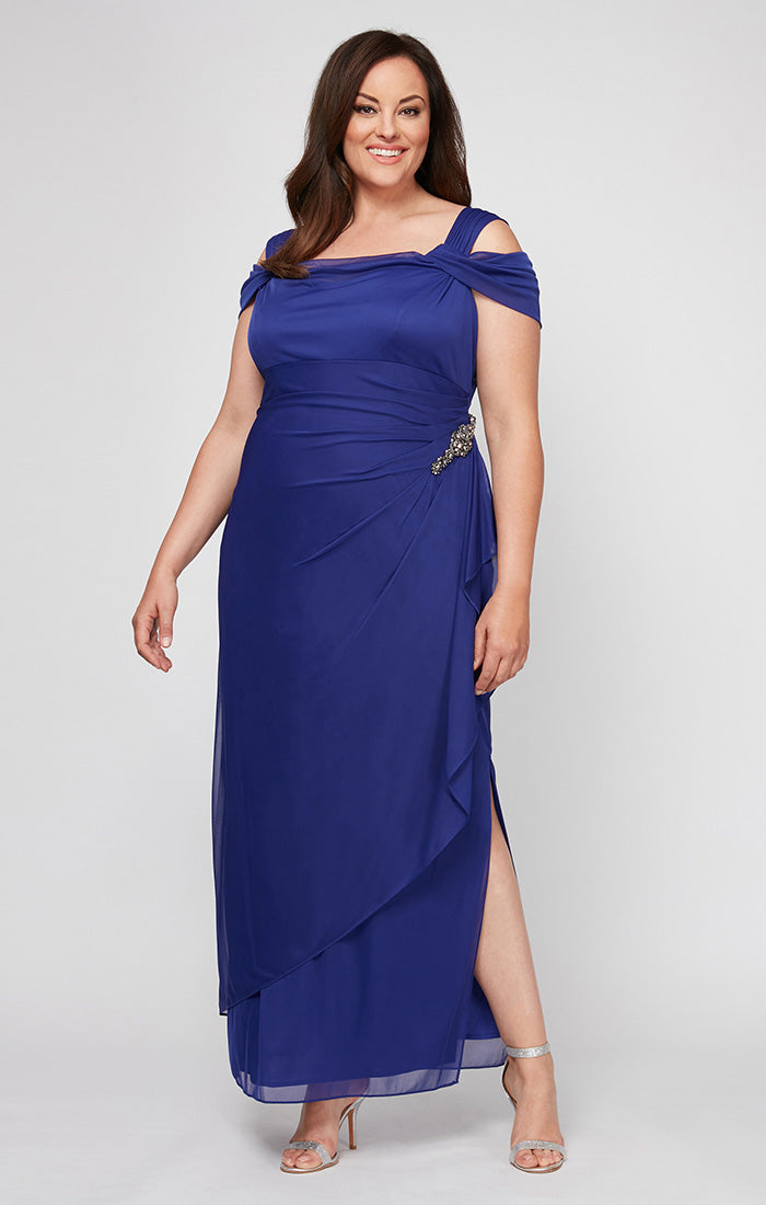 Cold Shoulder Glitter Mesh Dress with Draped Skirt & Cowl Neckline