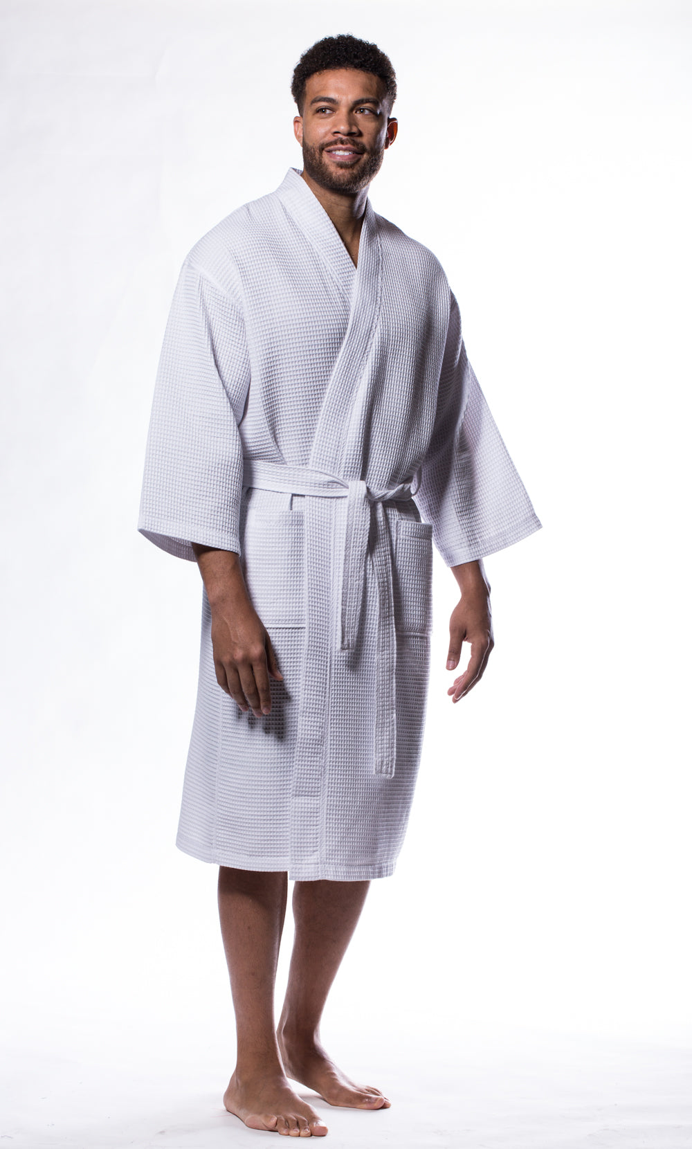 Waffle Kimono White Long Robe Square Pattern