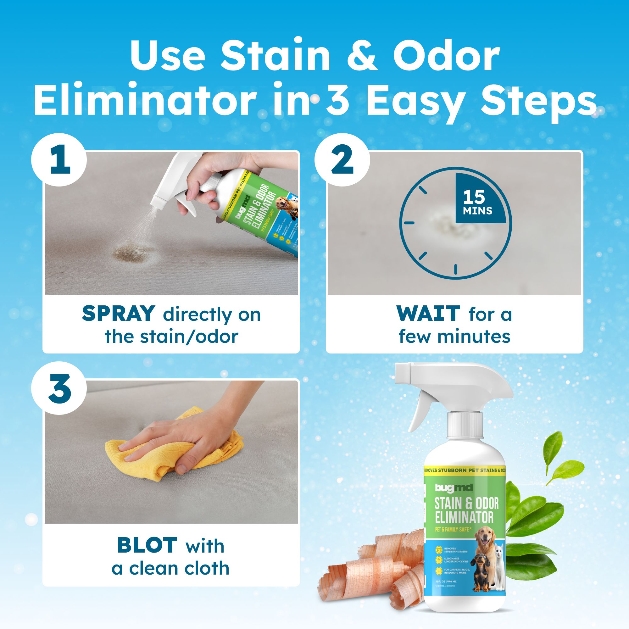 BugMD Enzyme Cleaner for Dog and Cat Urine, Pet Stain and Odor Remover for Carpet & Home