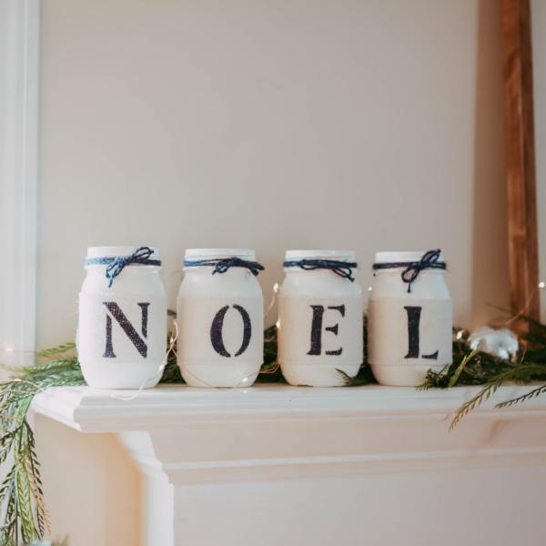 Rustic Christmas Mantel Decor in White and Blue NOEL - One Sided