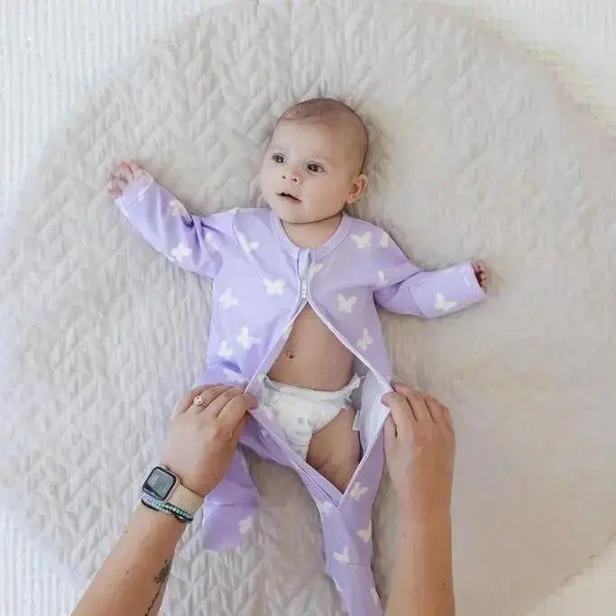 Lilac Flutter Zipped Onesie (0–12 Months) – 100% Cotton Muslin Baby Sleepwear