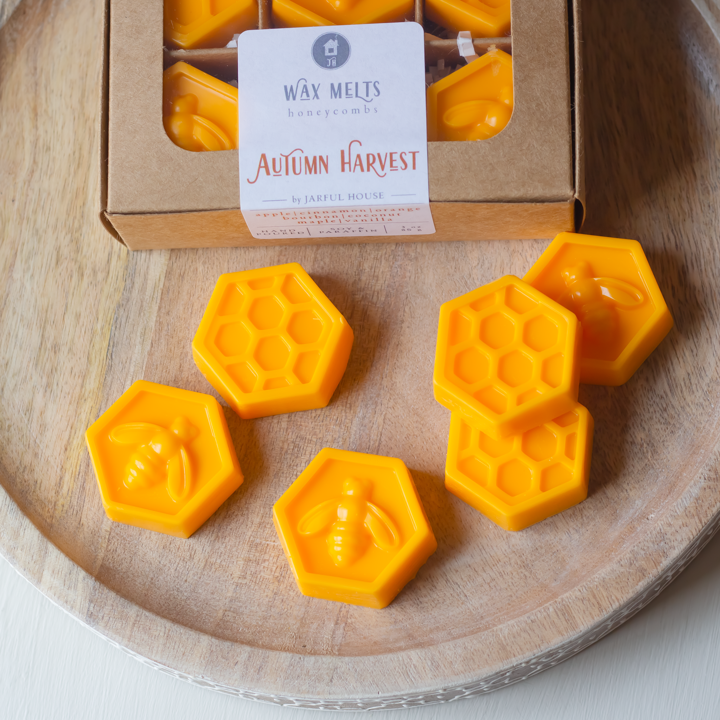 Autumn Harvest Wax Melts - Honeycomb Shaped Set of 6 | Apple, Orange, Cinnamon, Bourbon, Coconut, Bu