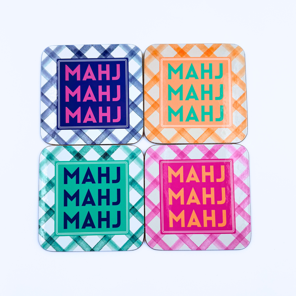 Mahjong Coasters, 4 Set  | Gift or Prize | Green, Pink, Blue, Orange