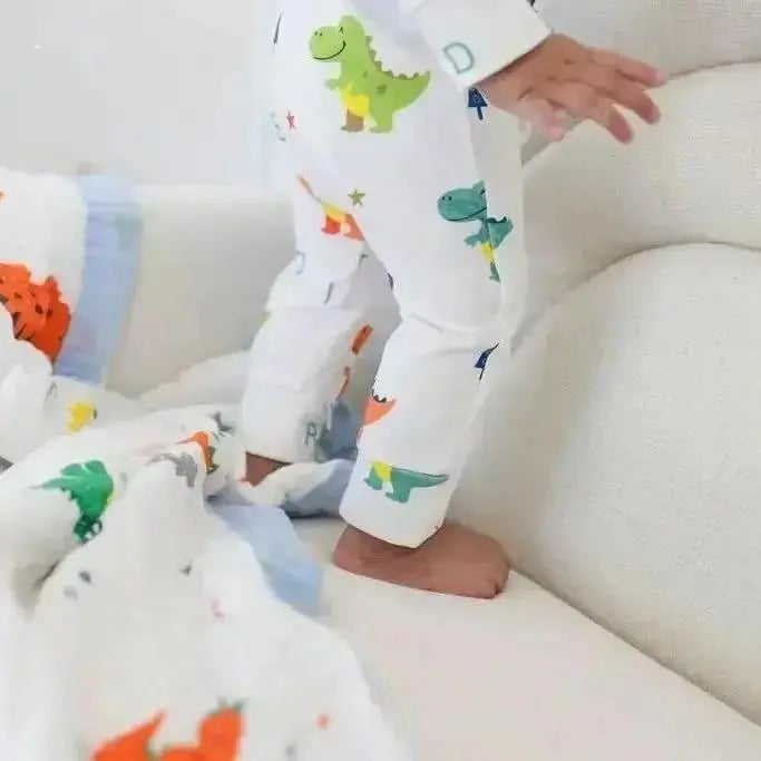 Dino Dreams Zipped Onesie (0–12 Months) – 100% Cotton Muslin Baby Sleepwear