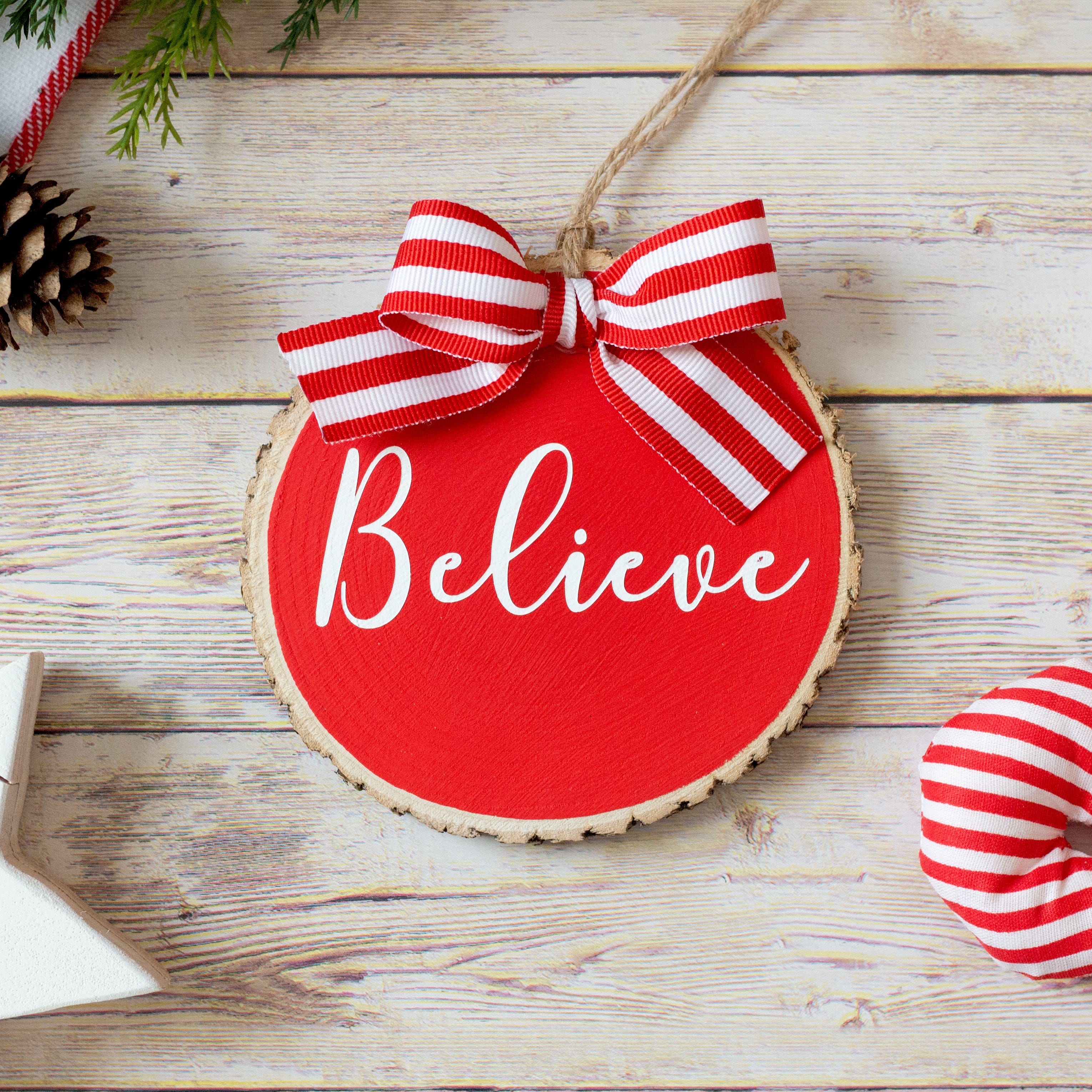 Farmhouse Christmas Ornaments Set of 3 | Red White Wood Slices - Believe Noel Joy