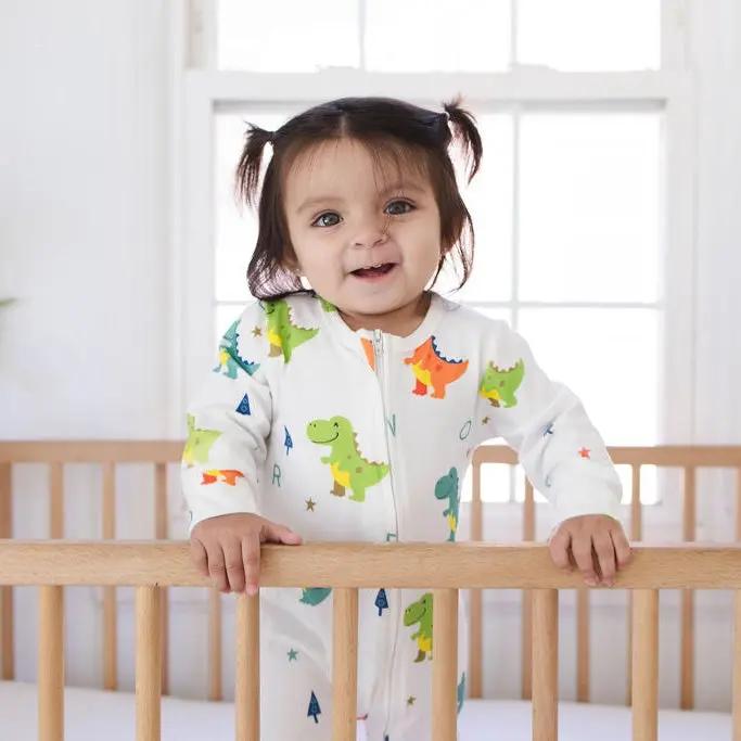 Dino Dreams Zipped Onesie (0–12 Months) – 100% Cotton Muslin Baby Sleepwear
