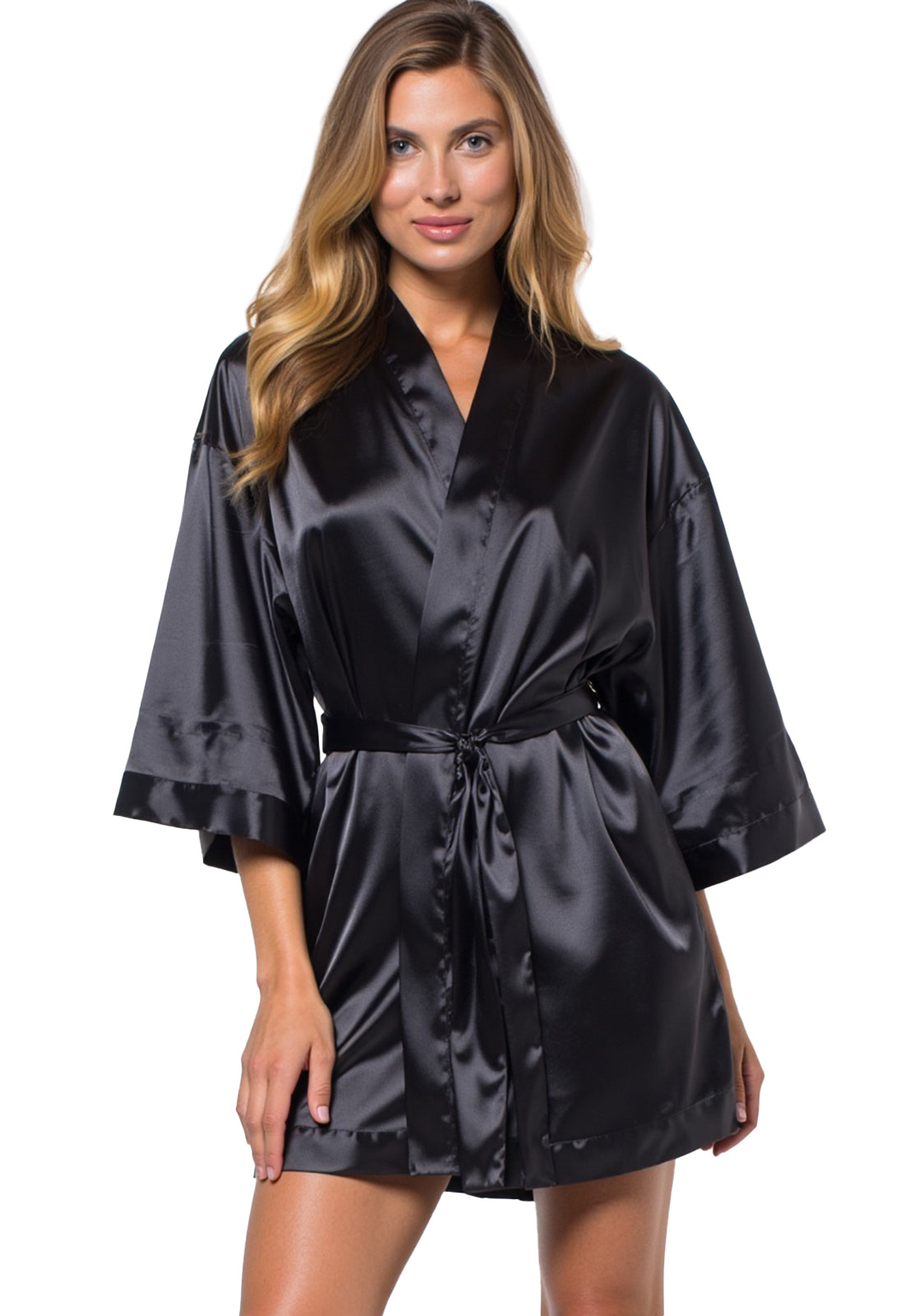 Black Satin Kimono Short Robe