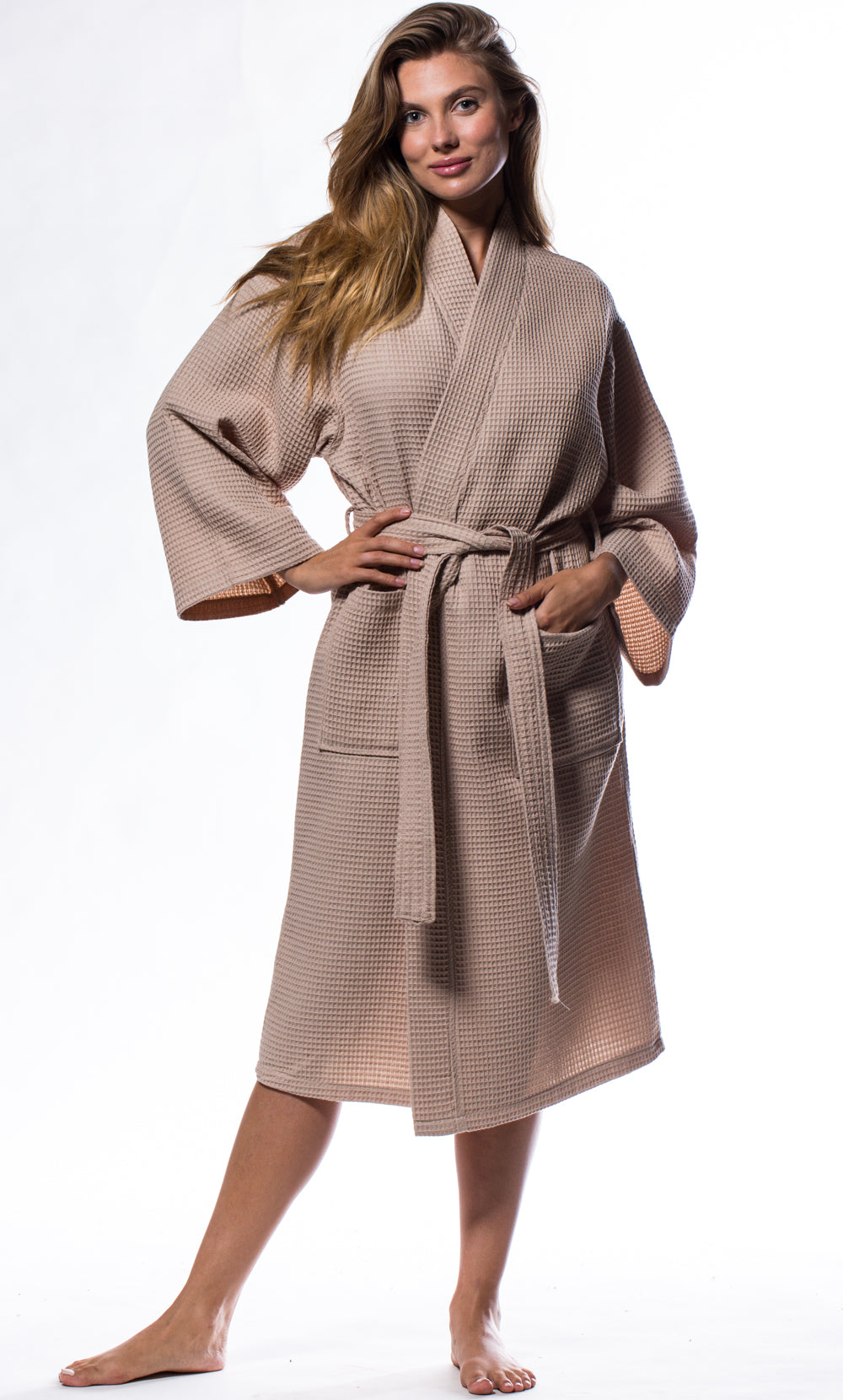 Waffle Kimono Taupe Long Robe Square Pattern