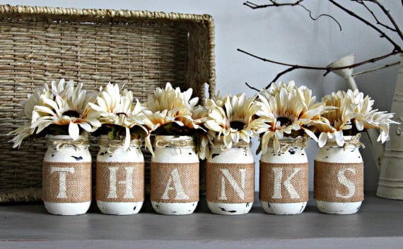 Thanksgiving Decor Table Centerpiece Painted Mason Jars THANKS