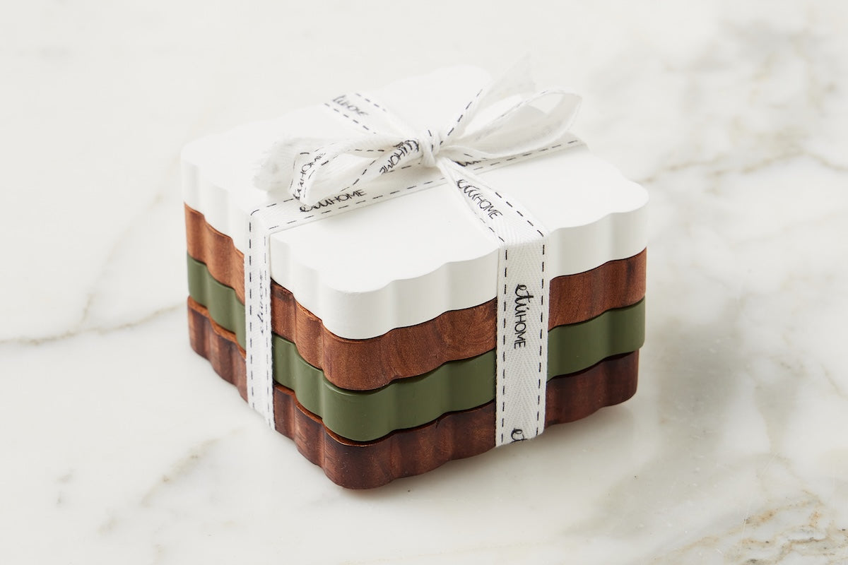 Scalloped Wood Coasters, Square, Vineyard Colors, Set of 4