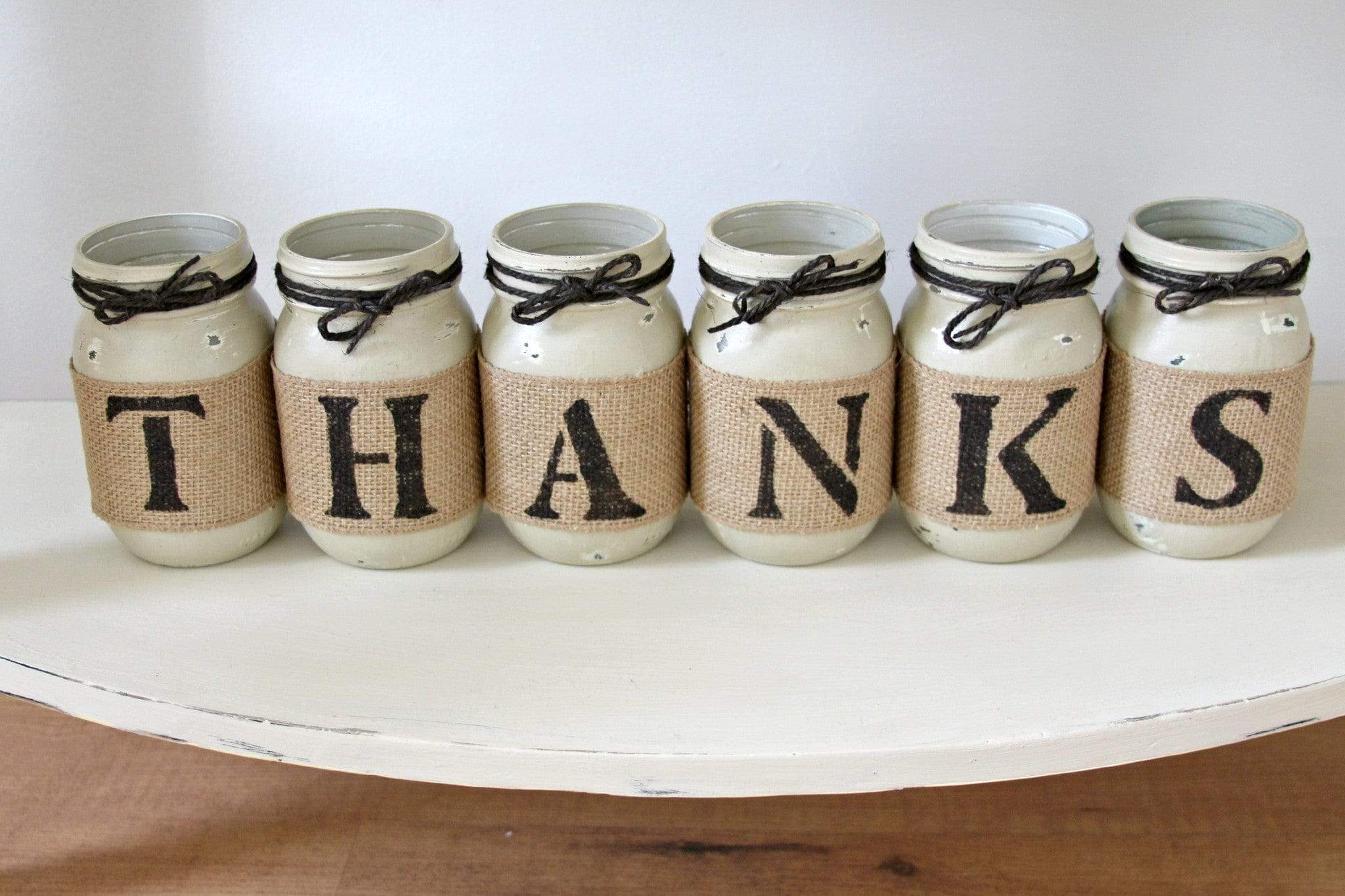 Thanksgiving Decor Table Centerpiece Painted Mason Jars THANKS