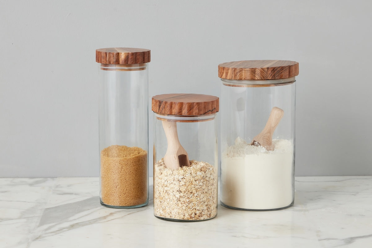 Glass Canister, Scalloped Wood Top, Set of 3