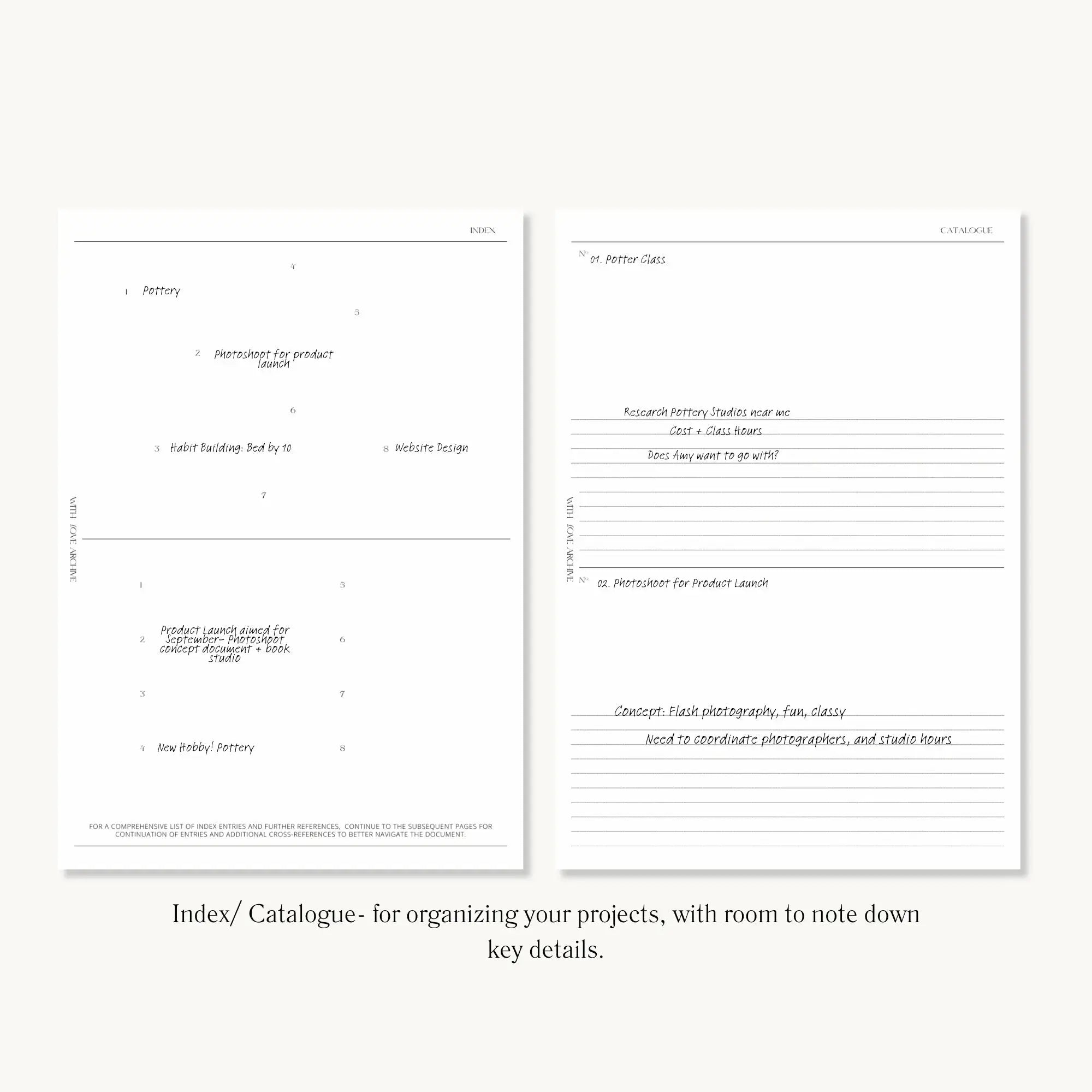 Project Inserts (Index, Catalogue, Project Planning, Project Calendar)