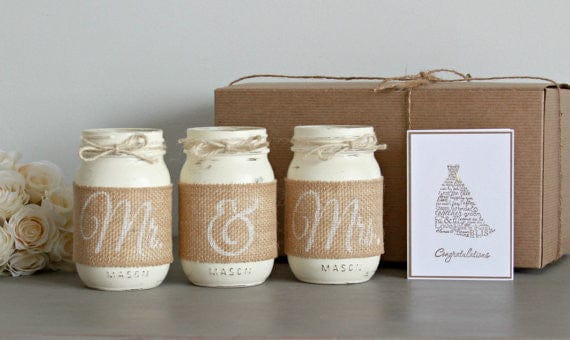Wedding Table Decor Painted Mason Jars Mr and Mrs