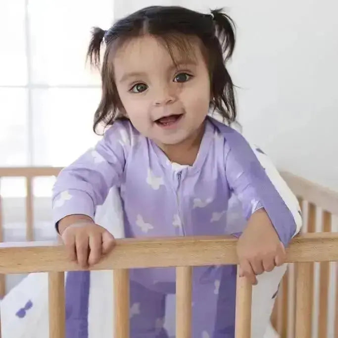 Lilac Flutter Zipped Onesie (0–12 Months) – 100% Cotton Muslin Baby Sleepwear