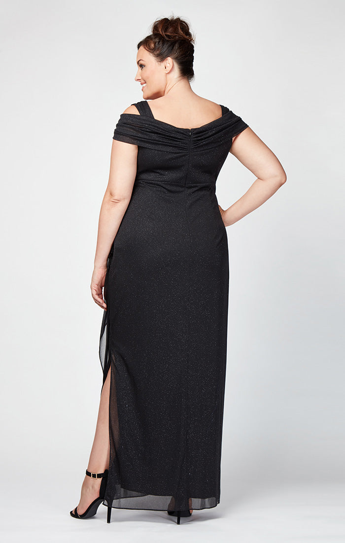 Cold Shoulder Glitter Mesh Dress with Draped Skirt & Cowl Neckline