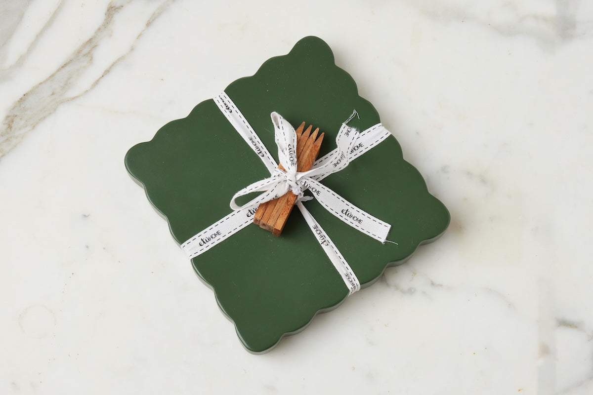 Square Scalloped Cheese Board with Cheese Markers, Small, Spruce Green