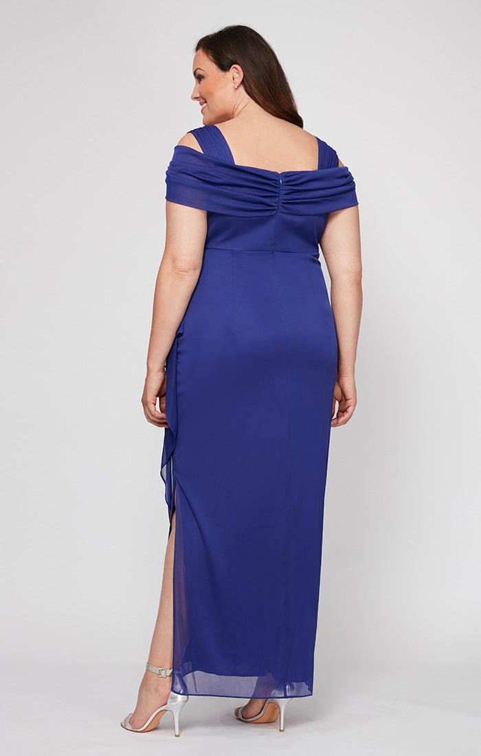 Cold Shoulder Glitter Mesh Dress with Draped Skirt & Cowl Neckline