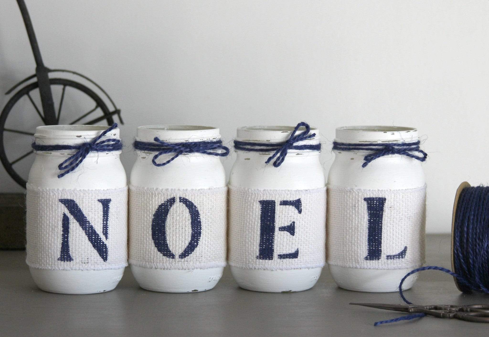 Rustic Christmas Mantel Decor in White and Blue NOEL - Two Sided
