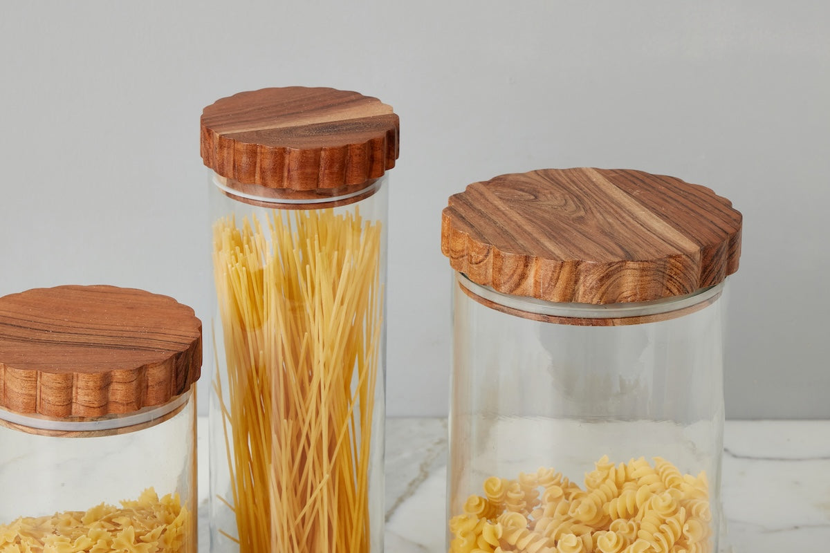 Glass Canister, Scalloped Wood Top, Set of 3