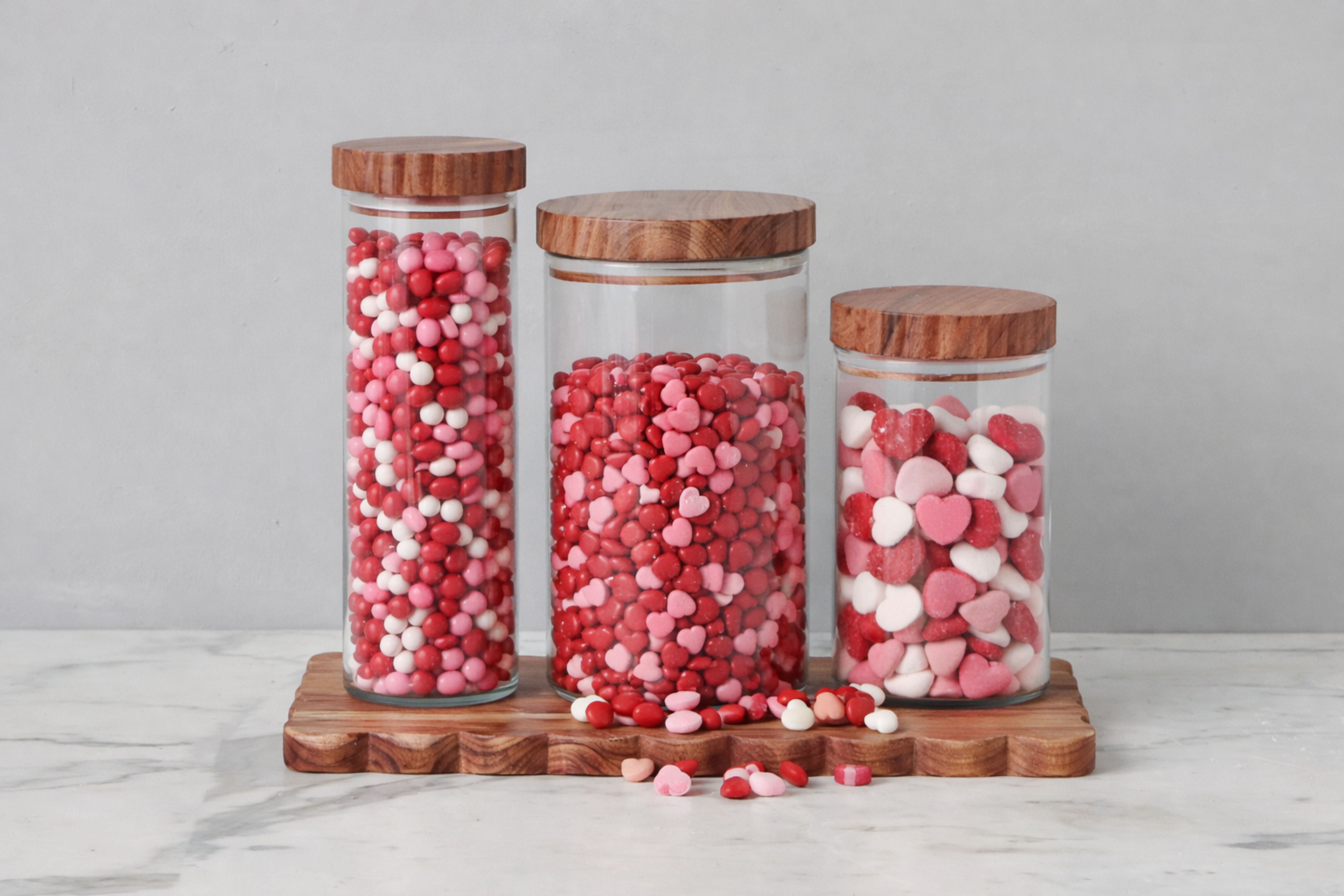 Glass Canister, Scalloped Wood Top, Set of 3
