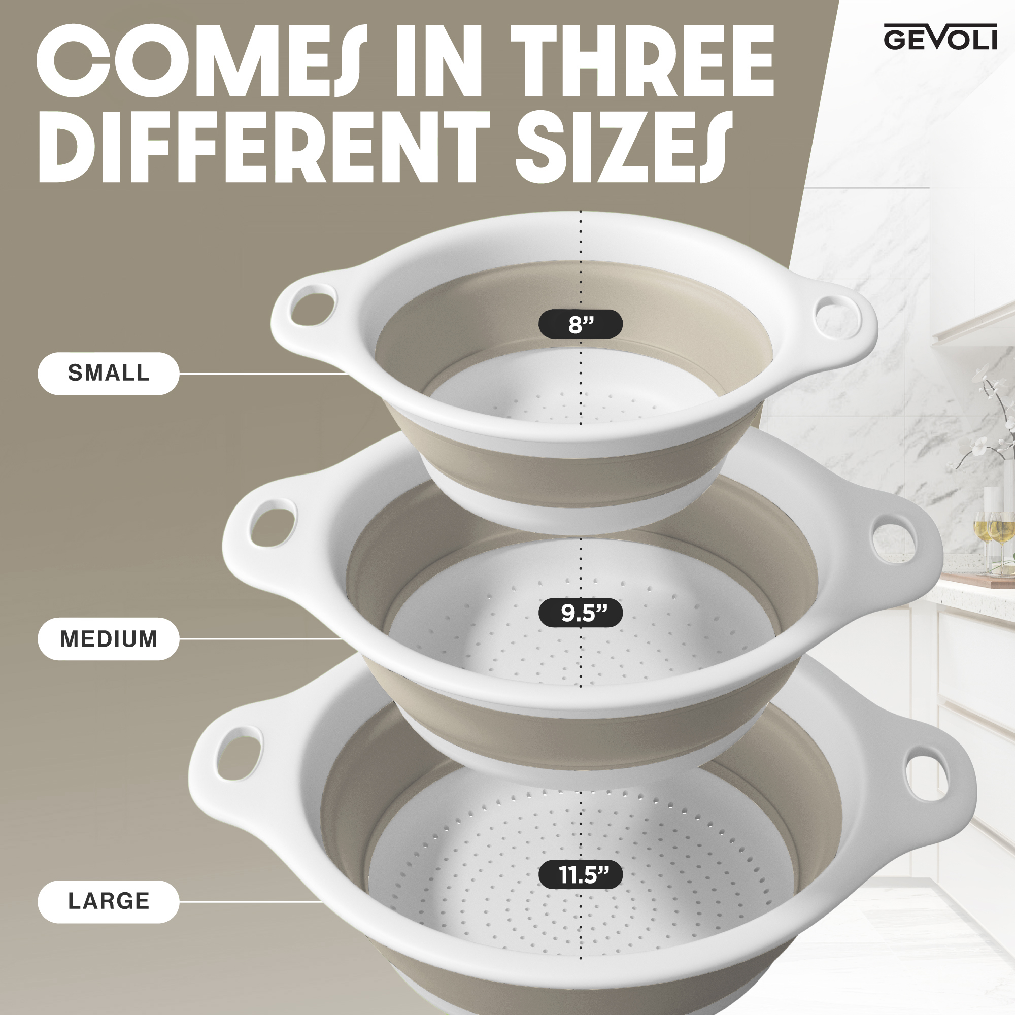 Gevoli Collapsible Colanders (3 Pack Set) with Draining Base